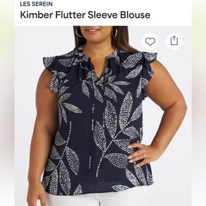 Navy Leaf Print Flutter Sleeve Blouse